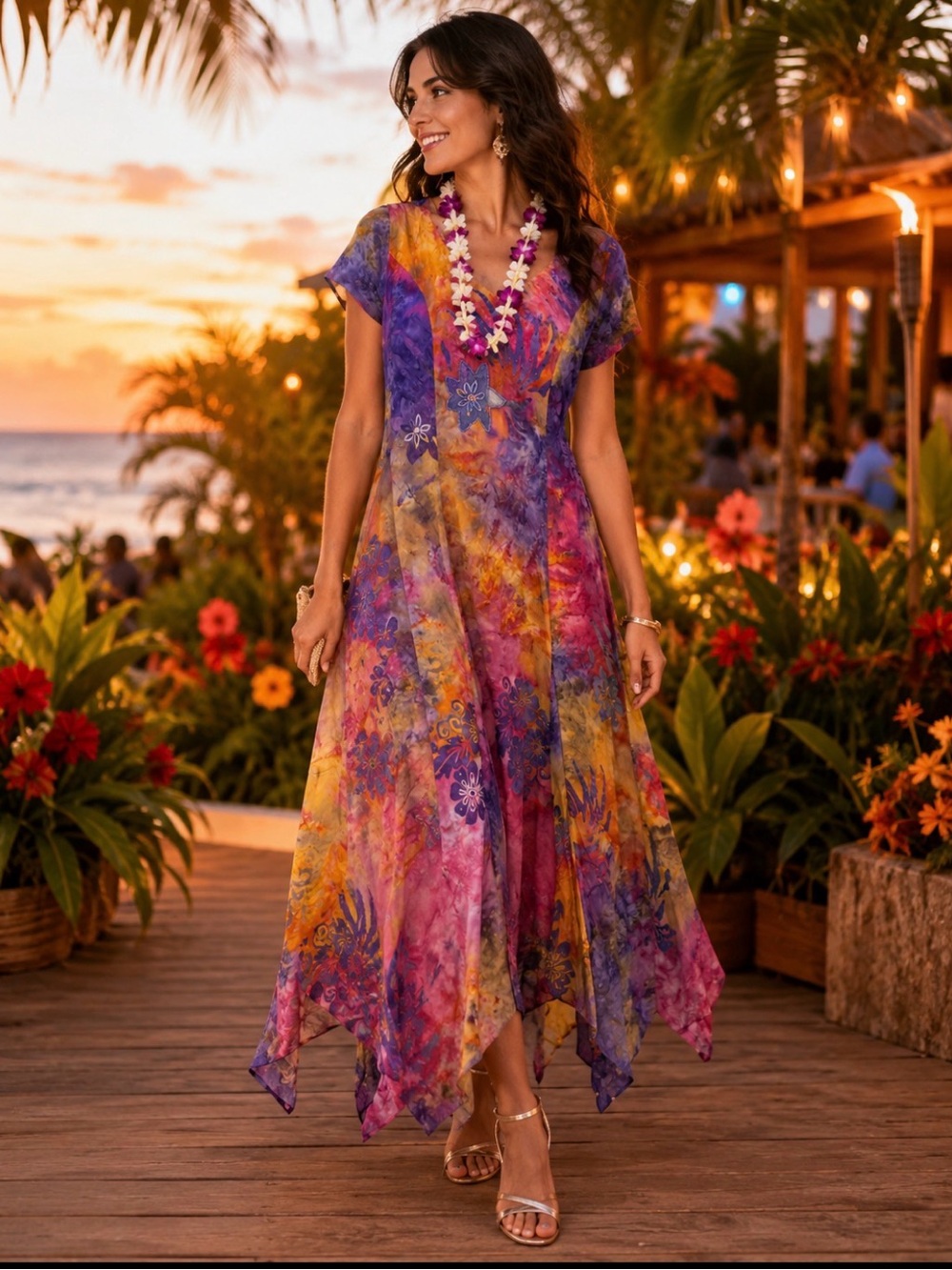 Tropical Tantrum Handkerchief Hem Colorful 100% Rayon Boho Resort Medium dress
